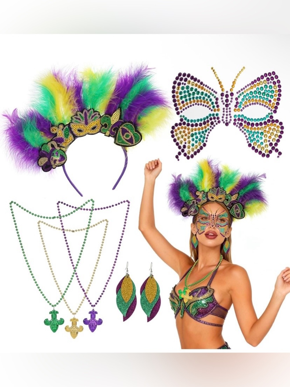 Feathered Mardi Gras Mask Headband Set in Purple, Green & Gold